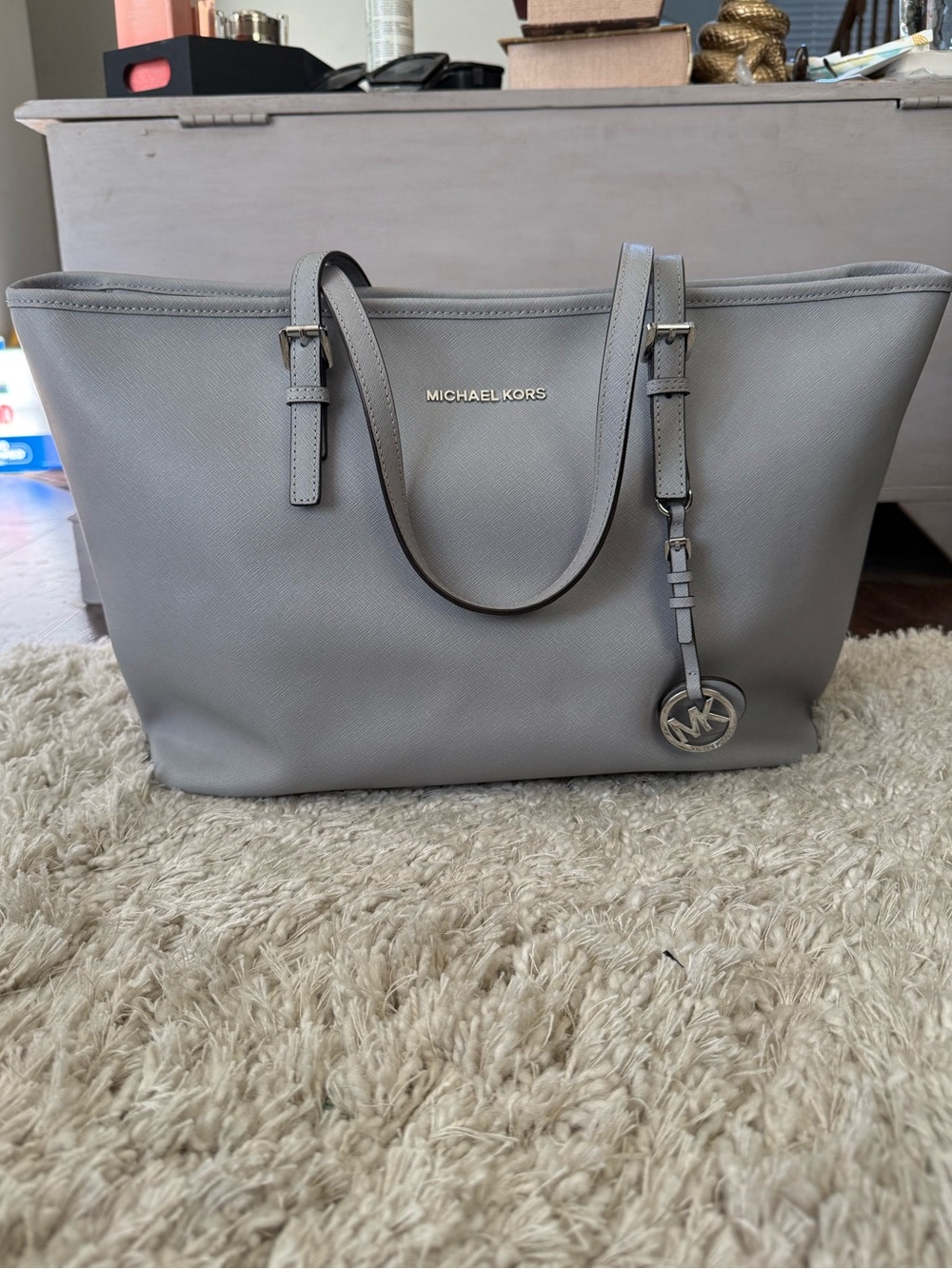 Michael Kors Light Gray Saffiano Leather Tote with MK Charm